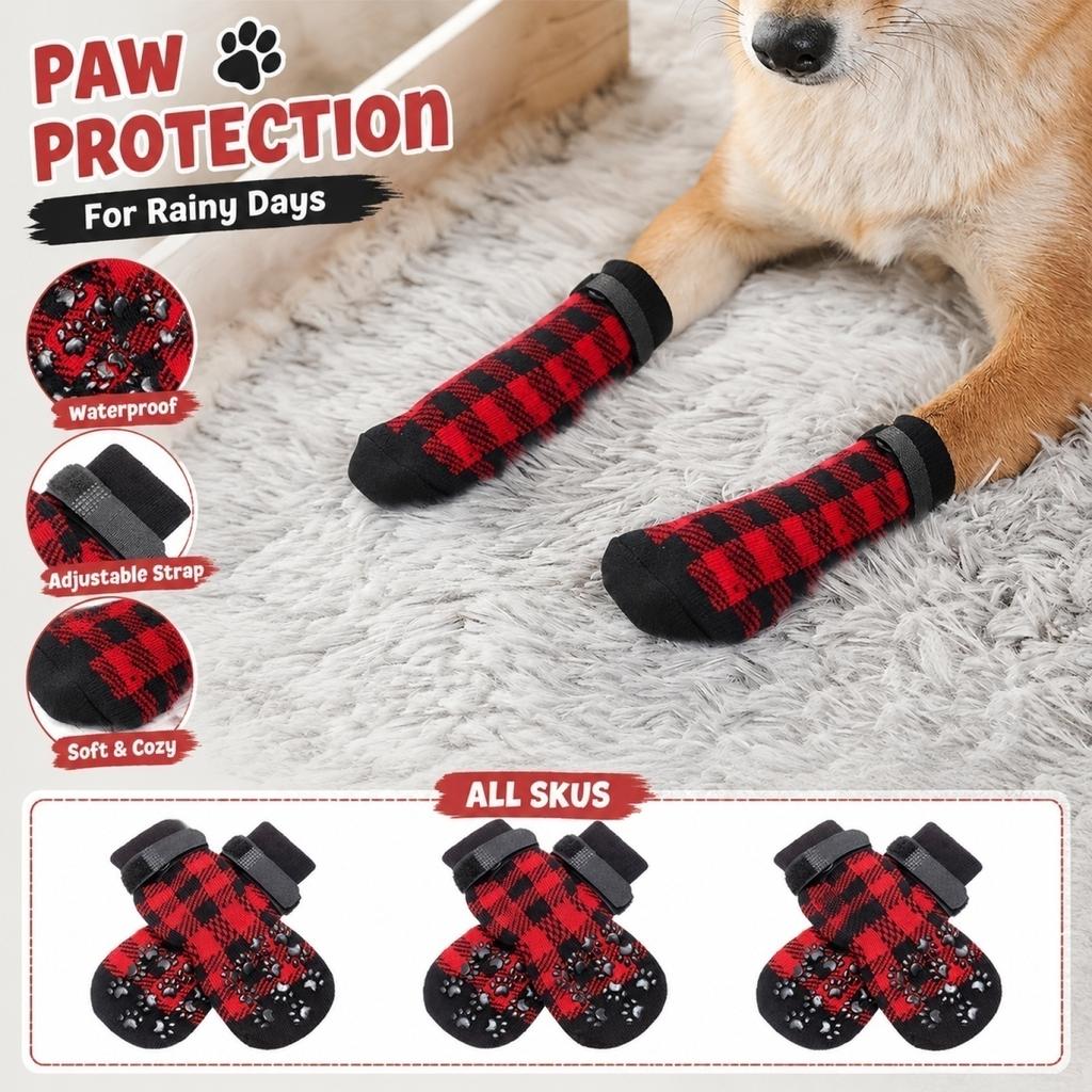 Waterproof Non Slip Dog Socks for Small Medium Dogs Adjustable Strap Durable Soft Fabric Protective Paw Covers