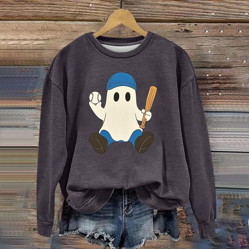 Women's Fashion Long Sleeve Halloween Print Round Neck Sweatshirt Top