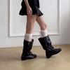 Fashion Belt Buckle Decoration Mid Calf Boots Women 2025 Autumn Square Toe Solid Black Ballet Style Boots Sweet Bowknot Booties