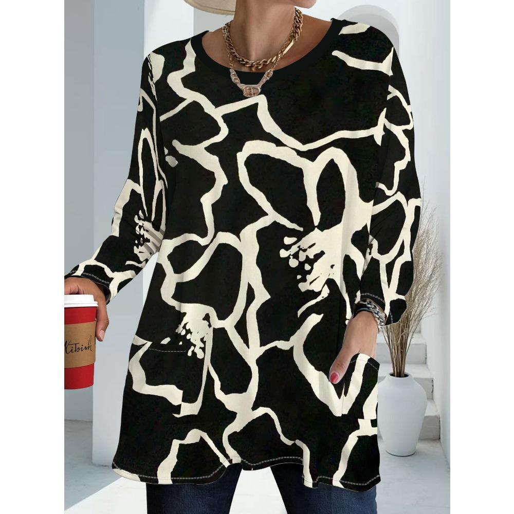 Women's large size with pocket design black and white abstract printed long-sleeved loose top, fashionable versatile casual T-shirt
