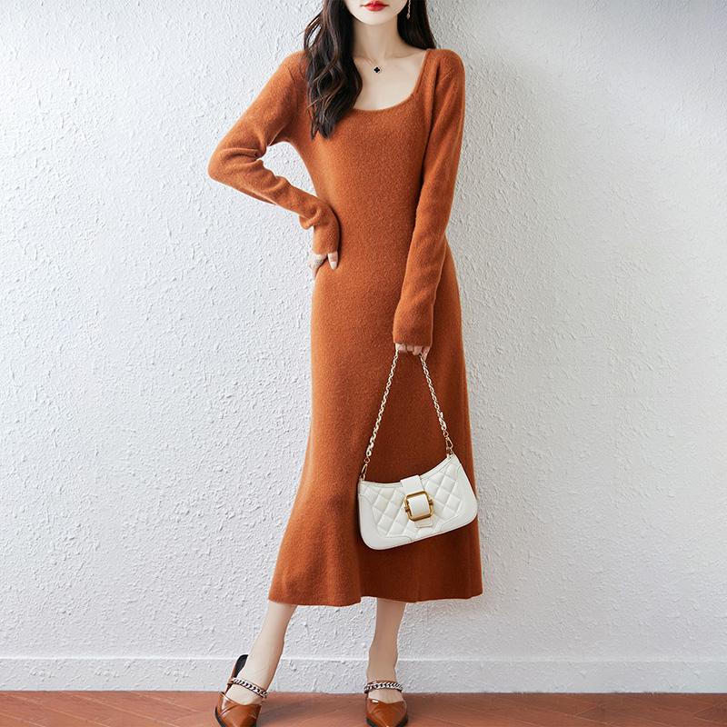 Women Sweater Dress 100% Wool MODERN NEW SAGA U-neck Knit Long Pullover Winter Jumpers Wool Long Dress Female