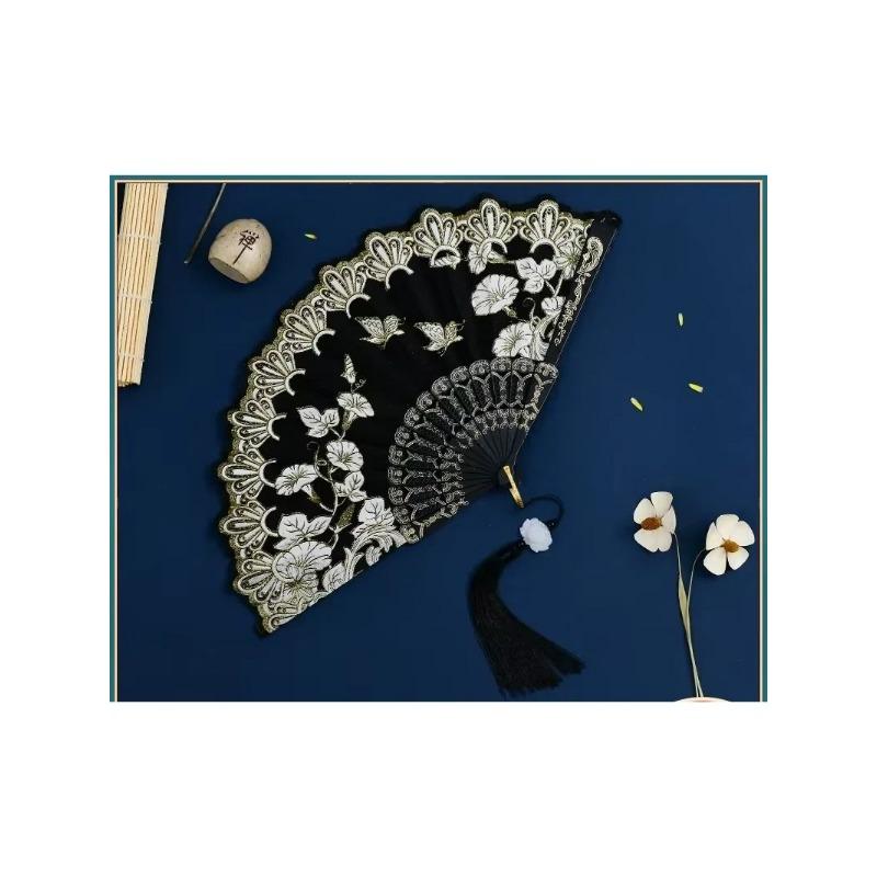 1Pc Chinese Ancient Style Flower Women Folding Fan with Tassel Fringe Hanfu Cheongsam Dance Fan Photo Props Summer Handheld Fan