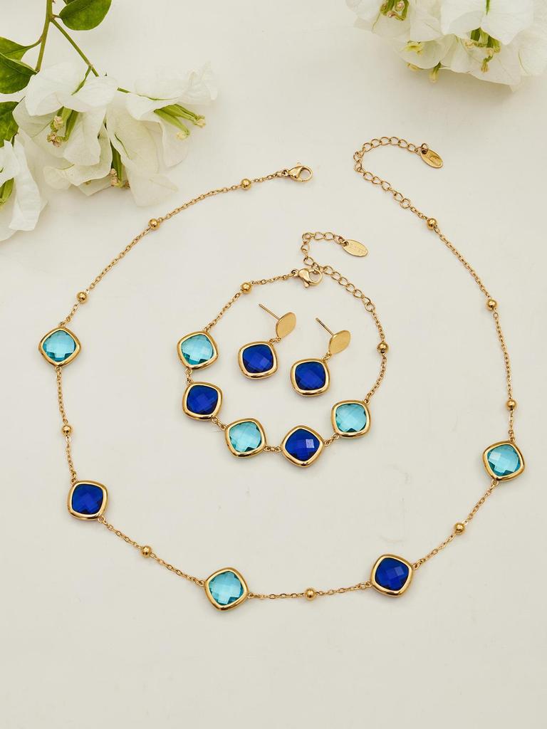 Stylish European & American Stainless Steel Jewelry Set with Square Faceted Glass Stones: Includes Bracelet, Necklace, and Earrings