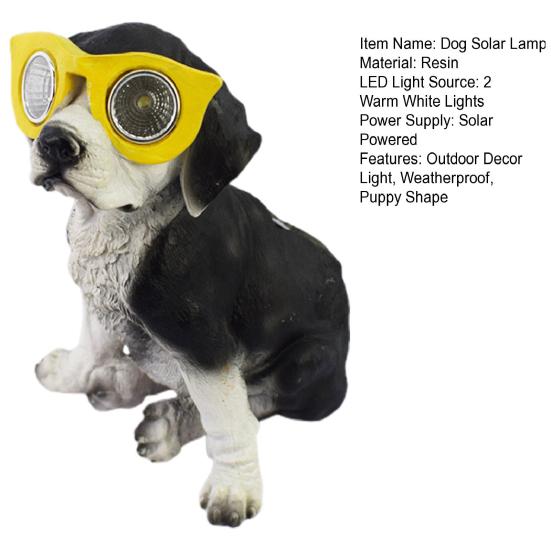 Solar Dog Statue with Glasses Resin Puppy Solar Lamp Garden Decor Solar Powered Dog Light for Home Yard Patio Lawn Pathway