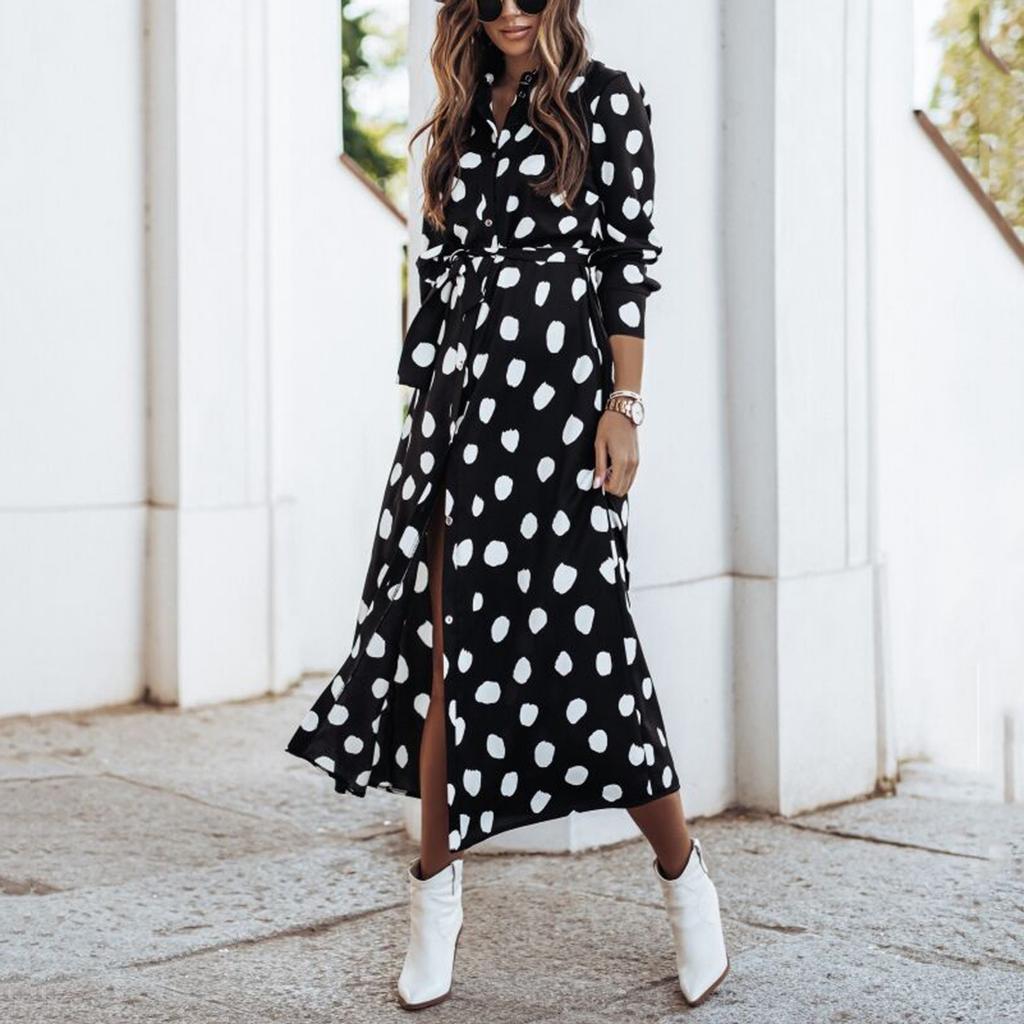Women Leopard Chiffon Long Sleeve Printing Casual Party Vintage Boho Maxi Dress