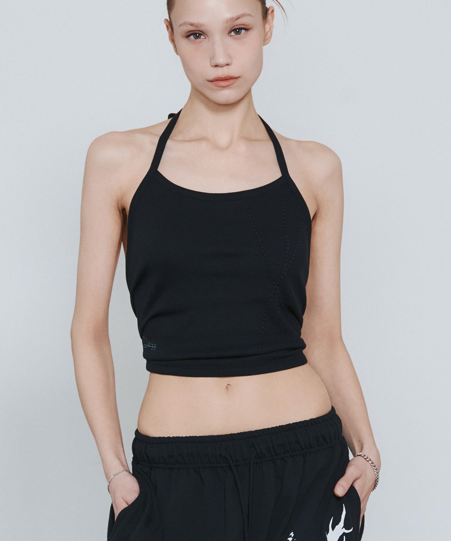 D So H Side Logo Layered Halter Neck Sleeveless Black/Charcoal Free