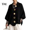 Women Knit Cardigan Oversized Sweater, Collared Top with Large Metal Relaxed Fit Buttons, Loose Lantern Sleeve Casual Sweater for Spring Autumn Button