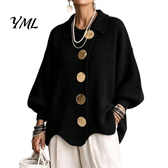 Women Knit Cardigan Oversized Sweater, Collared Top with Large Metal Relaxed Fit Buttons, Loose Lantern Sleeve Casual Sweater for Spring Autumn Button