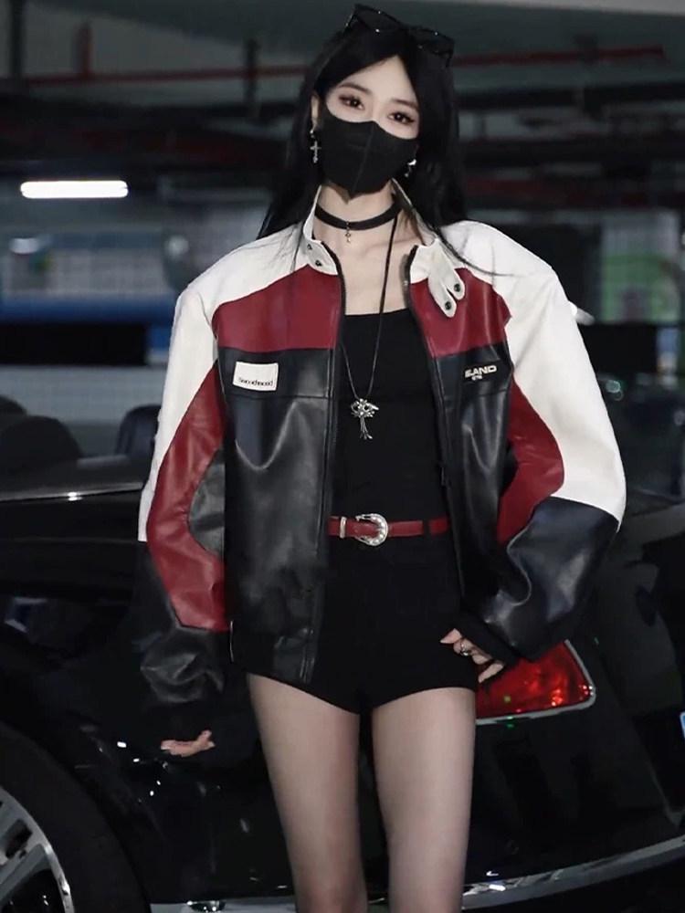 Stylish Men's Red Patchwork Leather Motorcycle Jacket - Spring/Autumn Retro Couples' Design