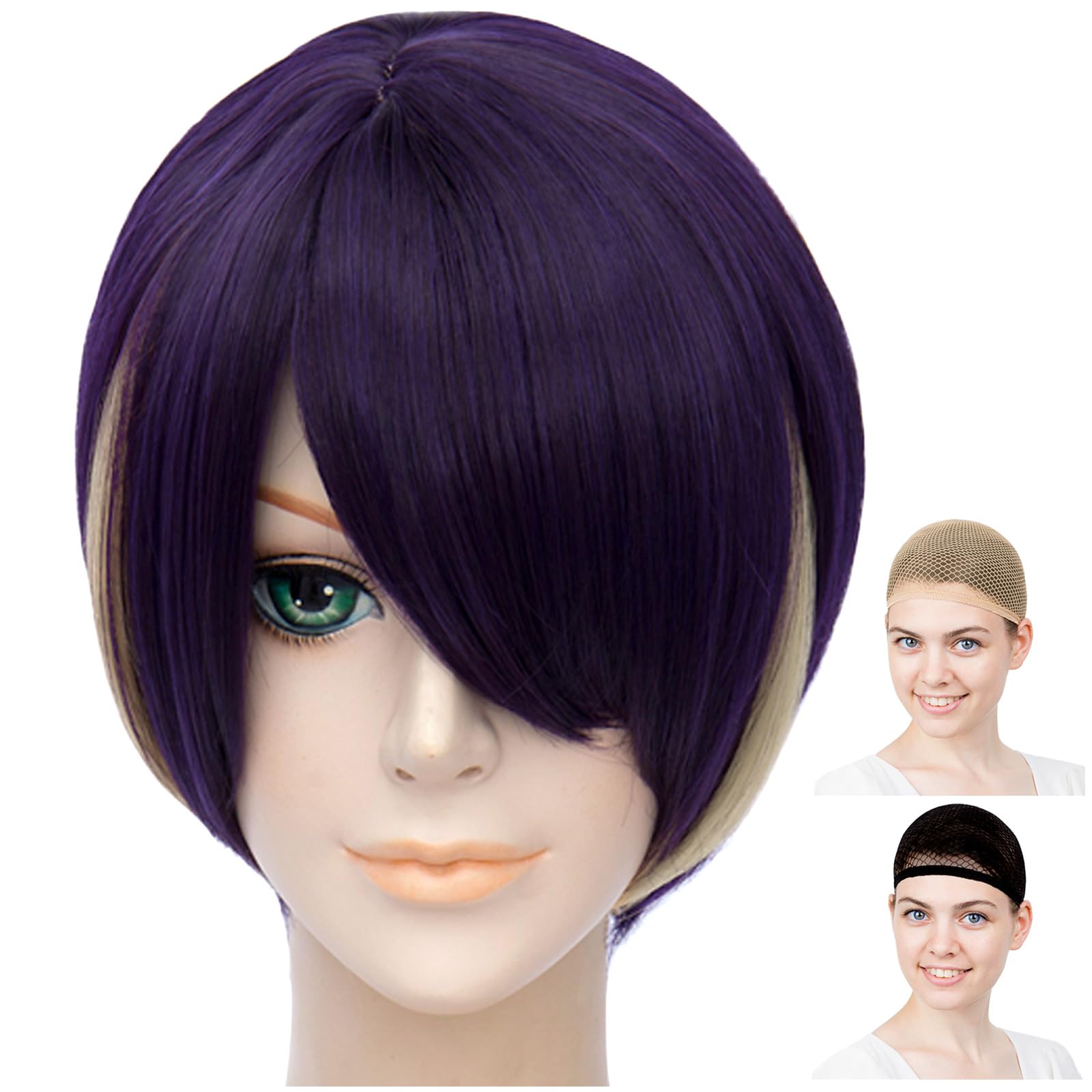 

Косплей-парик CaseEden, Короткий, 35 см, С пробором, Термостойкий, Темно-фиолетовый с желтой сеткой, Набор из 2 сеток для парика