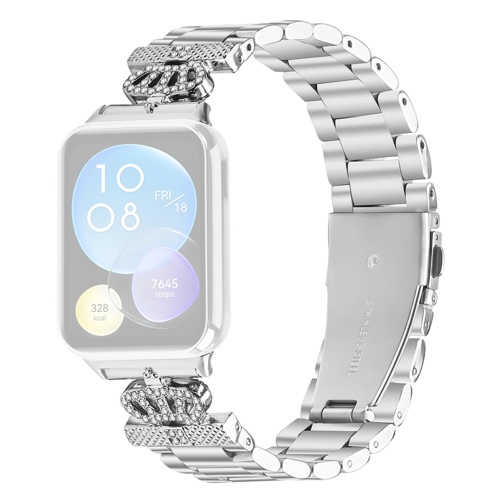 

For Xiaomi Redmi Watch 4 Stainless Steel Strap Crown Shape Rhinestone Decor Silver Watch Band As shown A