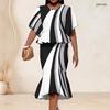 Women Plus Size Two Piece Set Round Neck Batwing Sleeve Black White Printed Ruffle Hem Top Fishtail Skirt
