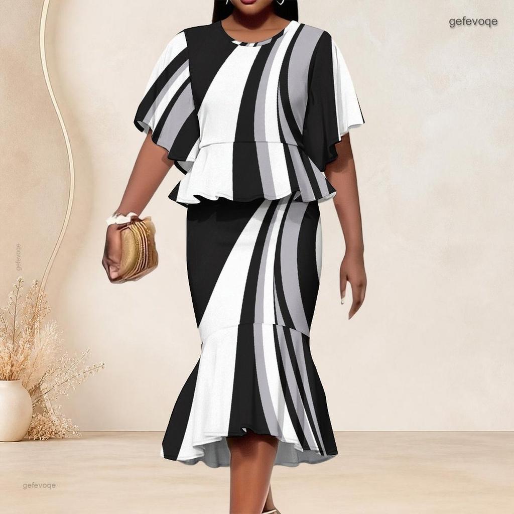 Women Plus Size Two Piece Set Round Neck Batwing Sleeve Black White Printed Ruffle Hem Top Fishtail Skirt
