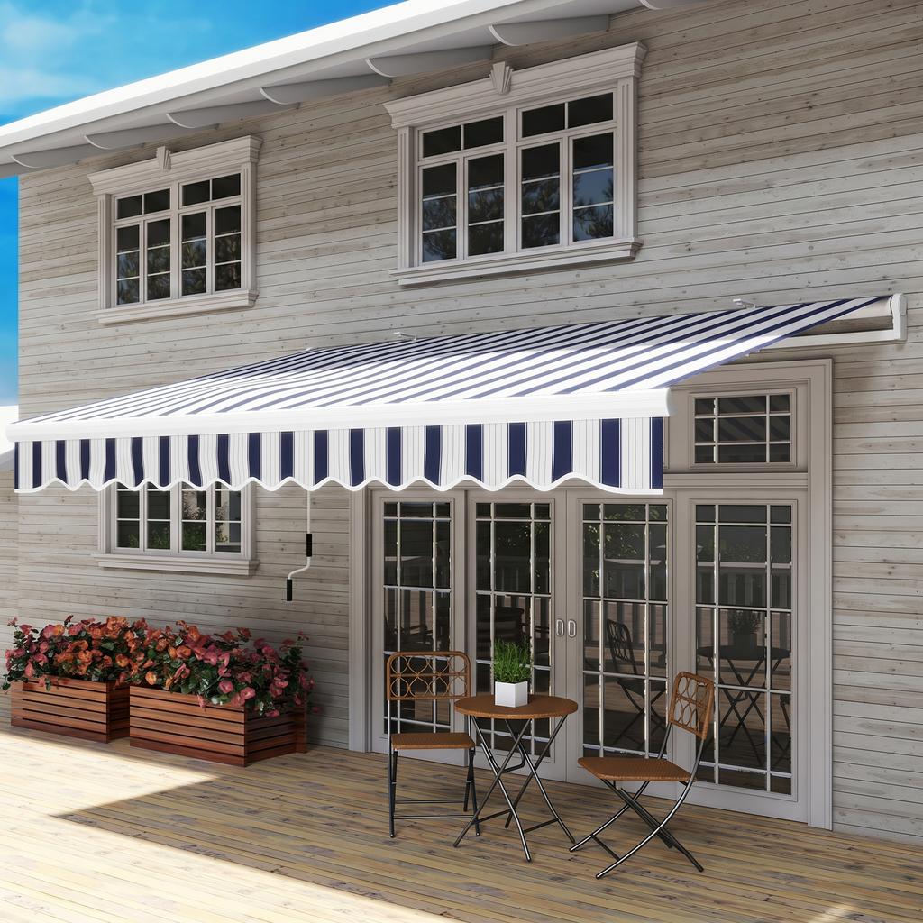 Manual Retractable Awning, 395 x 245 cm, Adjustable Angle, Anti-UV, Waterproof, Blue and White