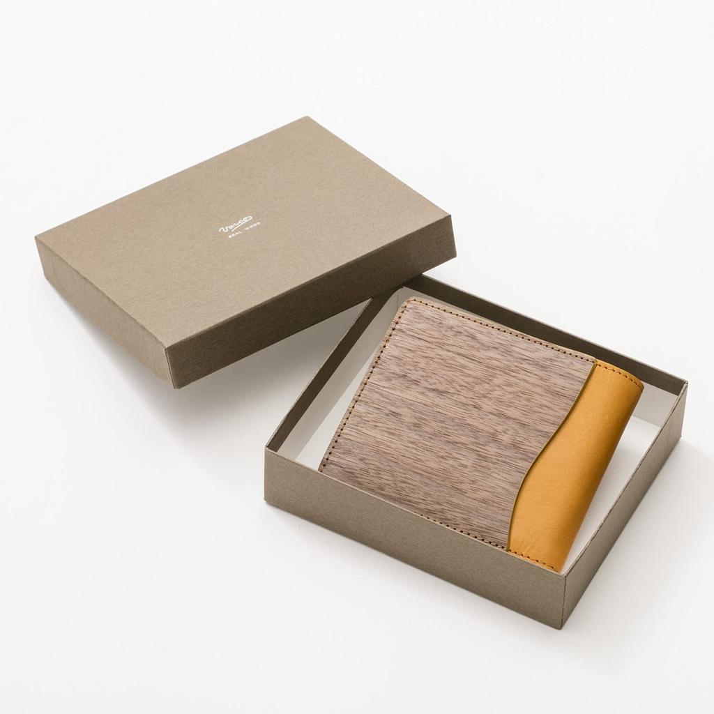 VARCO REAL WOOD Smart Wallet Bifold Wallet for Men and Women, Genuine Leather, Made in Japan, Mustard
