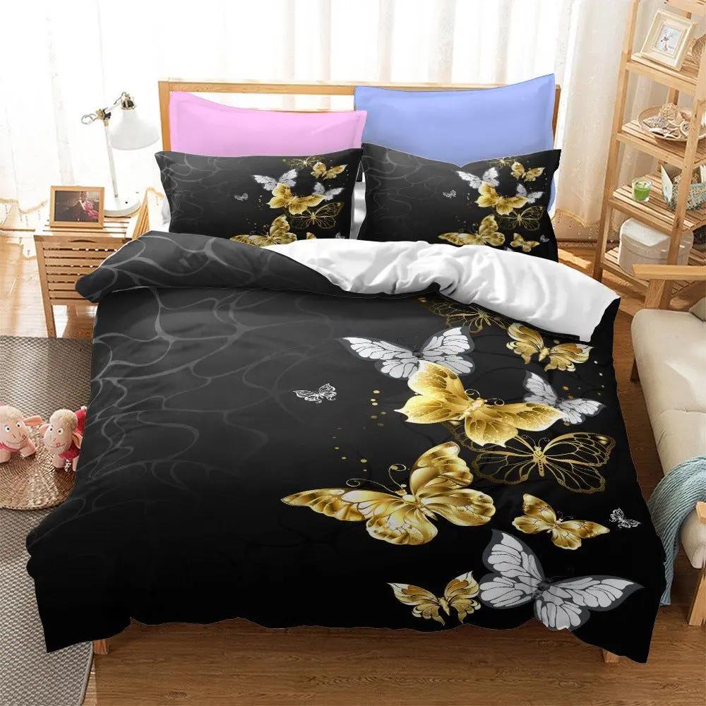 Gold Butterfly Duvet Cover Set For Girls Gold And White Butterflies Bedding Sets Flying Butterfly Black Luxury Comforter Cover