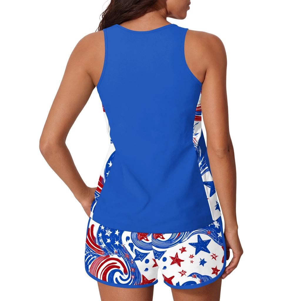 Womens Tankini Bathing Suits Two Piece Flag Print Athletic Tank Top with Boyshorts Modest Coverage Swimwear Set