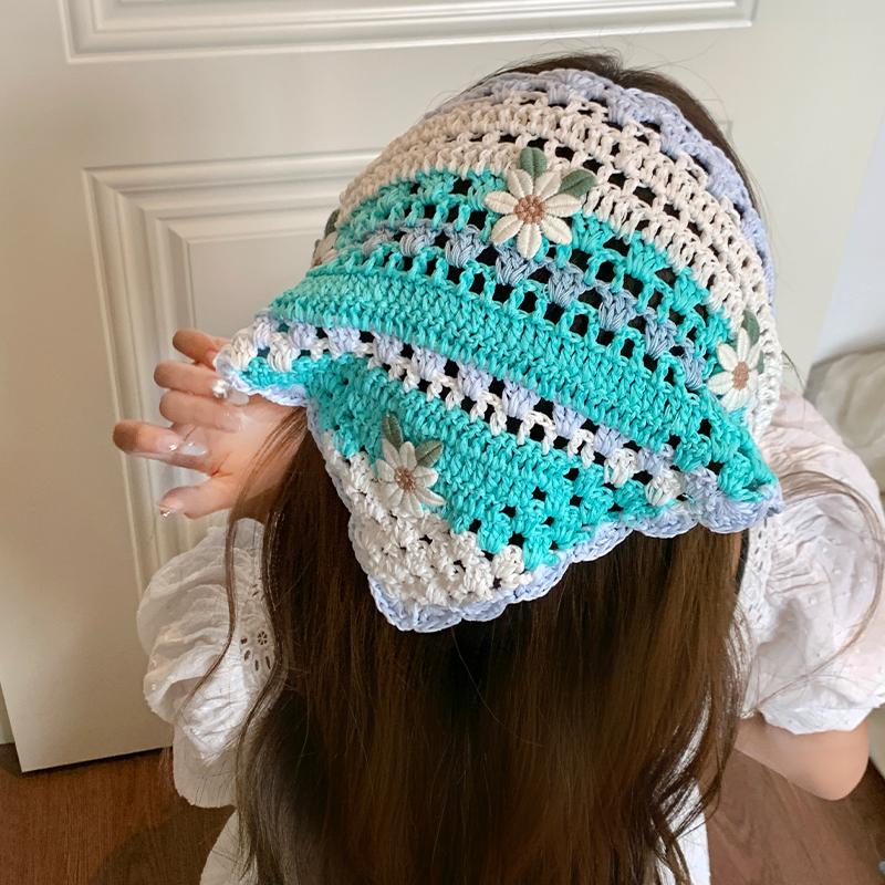Mint Mambo Wind Floral Knitted Triangular Headscarf Female Bag Head Pastoral Style Seaside Photo Atmosphere Headband Summer