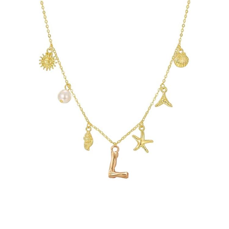 Ocean Theme Gold Charm Necklace with Initial Shells Letter Pendant Suitable for Surfer Girls and Beach Enthusiasts