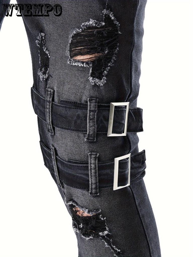 Men's Casual Skinny Biker Jeans, Chic Street Style Medium Stretch Denim Pants