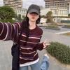 Korean Style Color Block Striped Knit Cardigan Sweater for Autumn/Winter 2026 - Women's Round Neck, Soft and Fluffy