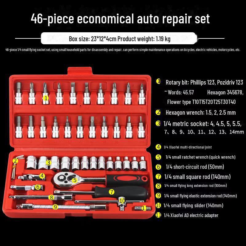 46-Piece Multi-Functional Ratchet Wrench and Socket Set for Car Repair