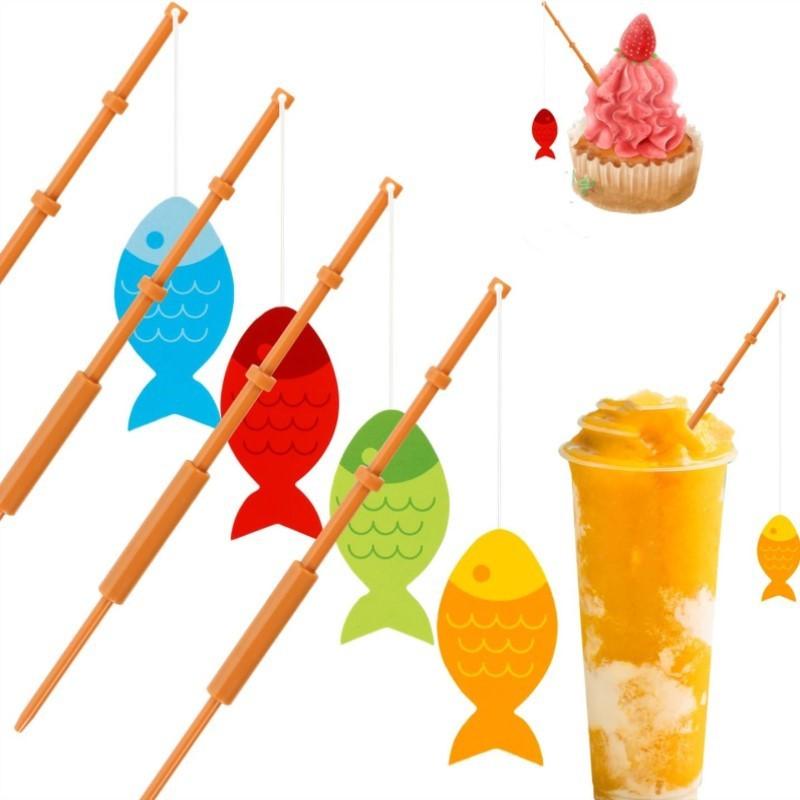 Decorazione Torta Festa Mini Canna da Pesca con Inserto in Plastica per Celebrazioni di Compleanno