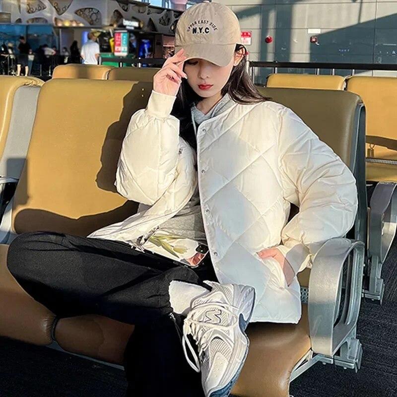 2023 Long Sleeve Casual Loose Coat Fashion Women Office-lady Cotton Jacket Warm O-neck Korean Thickened Tops  30005