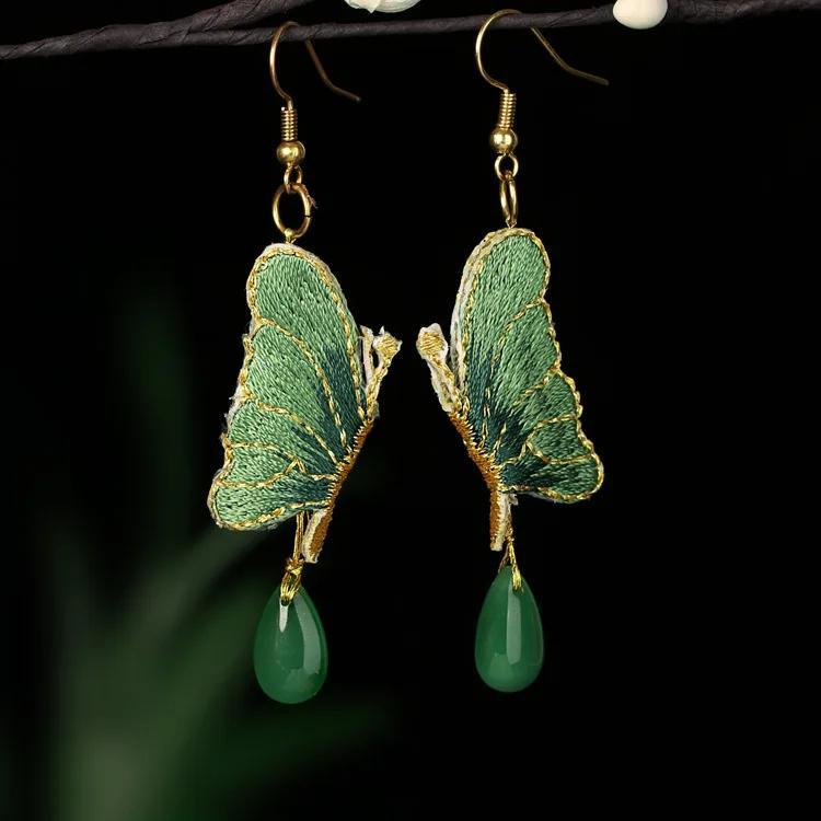 1 Pair Embroidered Butterfly Handmade Earrings Green Water Drops Colored Glazed Nature Stones Earring Green Cheongsam Jewelry