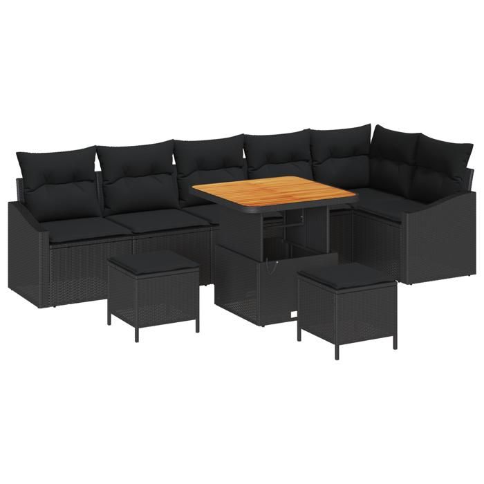 Ensemble de canapé de jardin de 9 pièces avec coussins en poly rotin noir acacia, Canapé de jardin de 2 places avec coussins 3362669