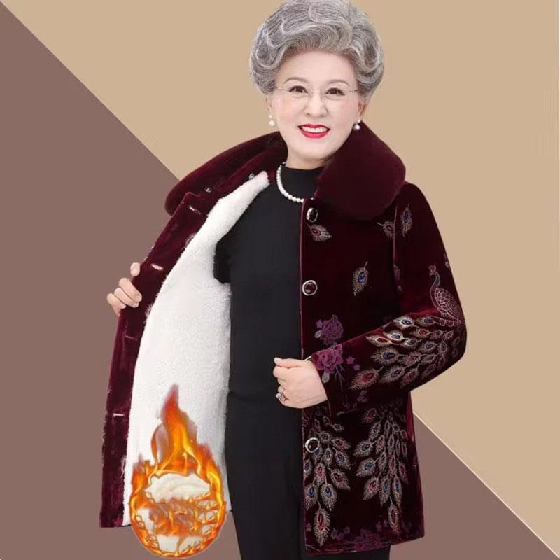Vyšívat zimní oblečení Středně dlouhé tlusté bavlněné oblečení Dámská bunda s bavlněnou vložkou Parka s kožešinovým límcem ze zlatého sametu po babičce