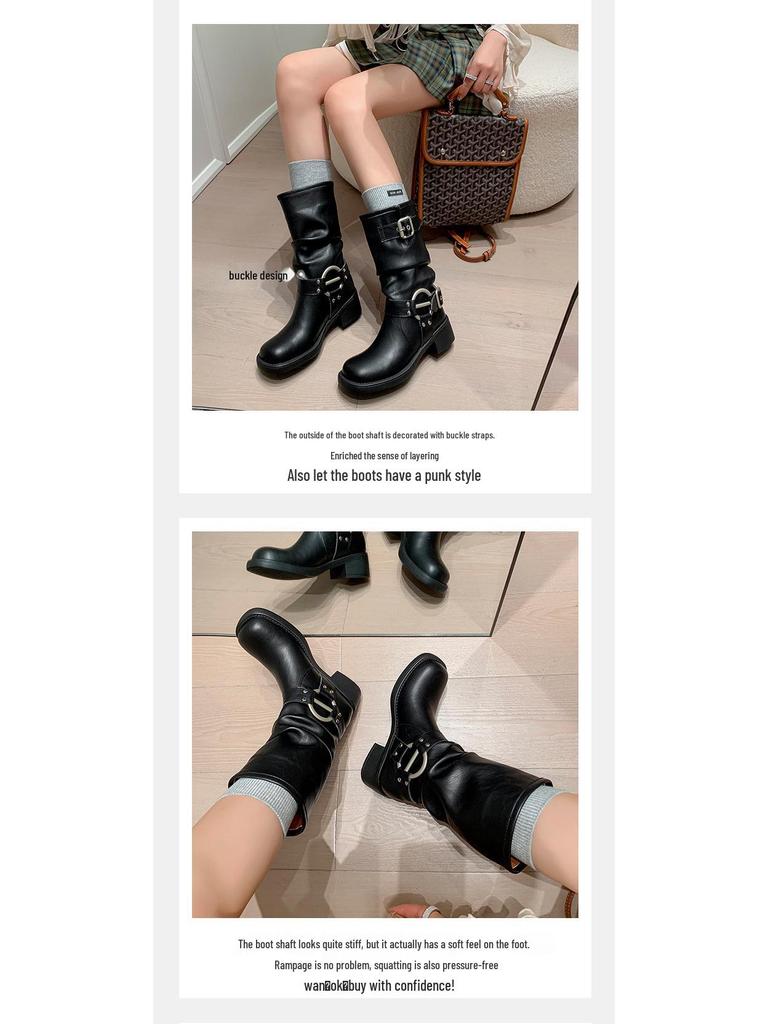 European & American Western Stacked Heel Mid-Calf Knight Boots for Women