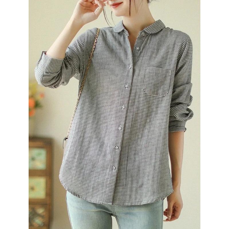 Baby Doll Collar Gauze Plaid Shirt Long Sleeve Loose Bottoming Cotton Linen Top