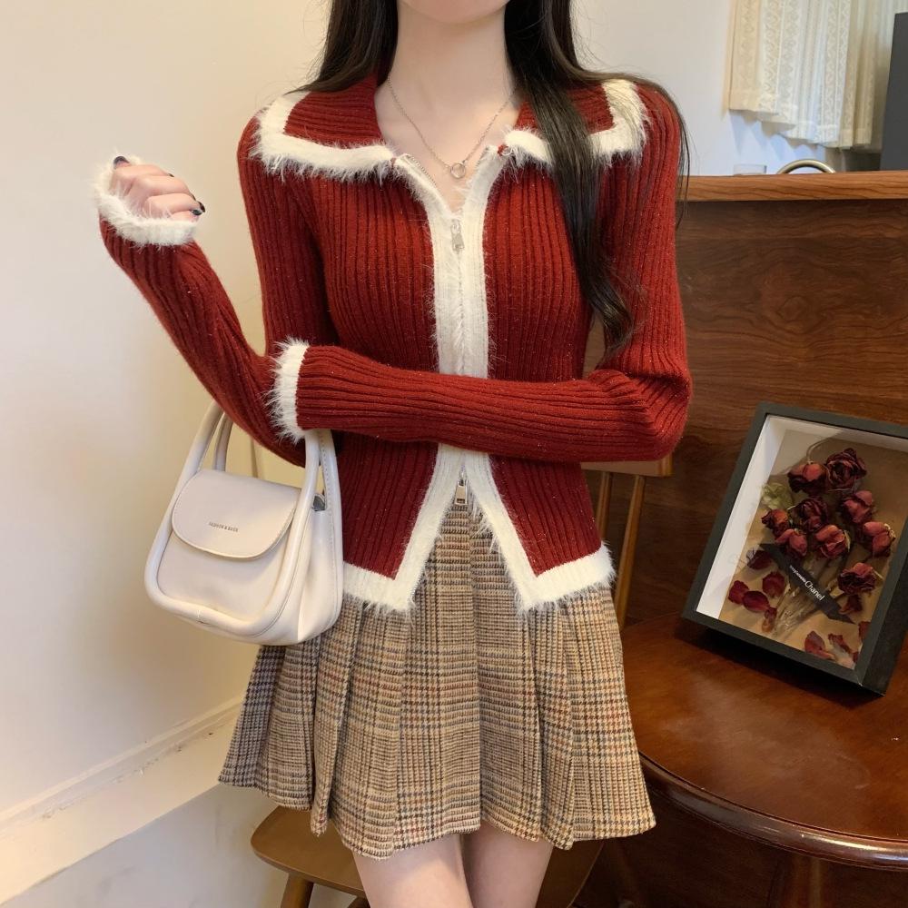 

Женский красный плюшевый вязаный кардиган – Приталенный свитер на двойной молнии для осени/зимы One Size красный