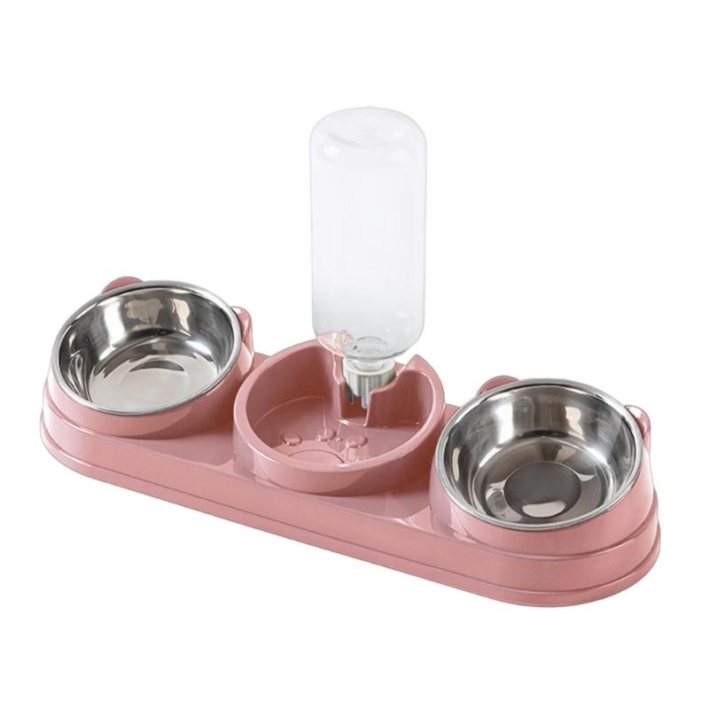 Double Bowl Pet Food Water Dish Feeder For Dog Cats Daily Feeding with Automatic Water Dispenser For Pet Dry Wet Food