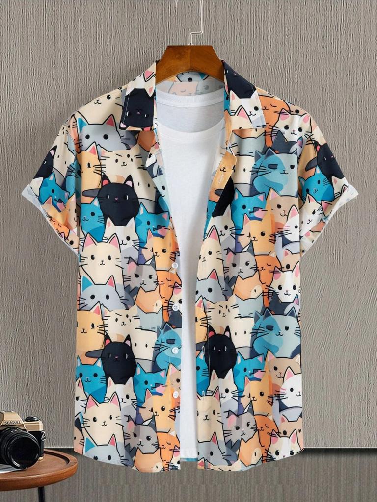 Men's Cute Cat Print Casual Daily Wear 3d Printing Short Sleeve Shirt Fashion Hawaiian Shirts For Men Harajuku