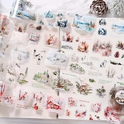Kigofora Snow Country Forest Collage Transparent PET Animal Forest Snowscape Series Flake Mokkiri Winter Forest Roll DIY Decorative Stickers for Gift