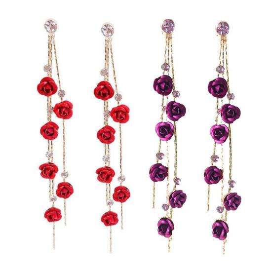 1 Paar Glänzende Strass Elegante Damen Ohrringe Rosenblume Lange Quaste Hängeohrringe Party Schmuck