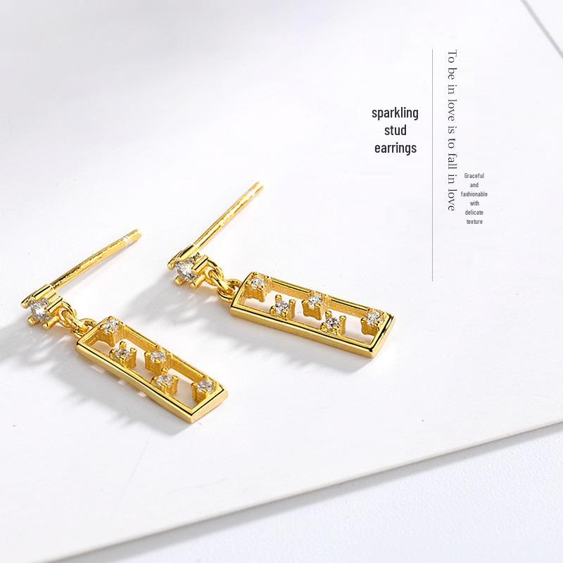 

New S925 Sterling Silver Geometric Rectangle Dangle Earrings with Pave Diamonds 925 Silver