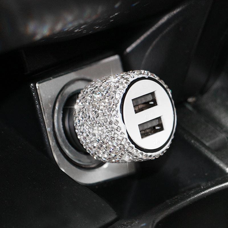 

1PC Bling USB Car Charger 5V 2.1A Dual Port Fast Adapter Pink Car Decor Styling Diamond Car Accessories Interior for Woman