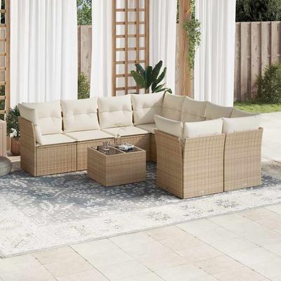 Vidaxl 9-Cz. Garden Furniture Set With Cushions, Beige, Poly Rattan