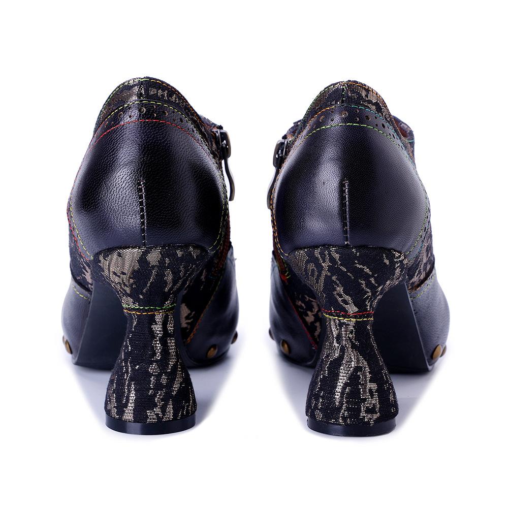 Johnature Handmade Genuine Leather Pumps Retro Patchwork Printed Rivet High Heels Women's Shoes