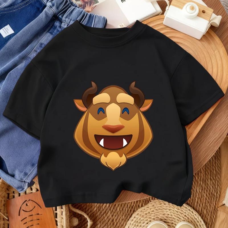 Summer Casual Everyday Children's Crew Neck T-shirt with Cute Beauty and the Beast Cartoon Print