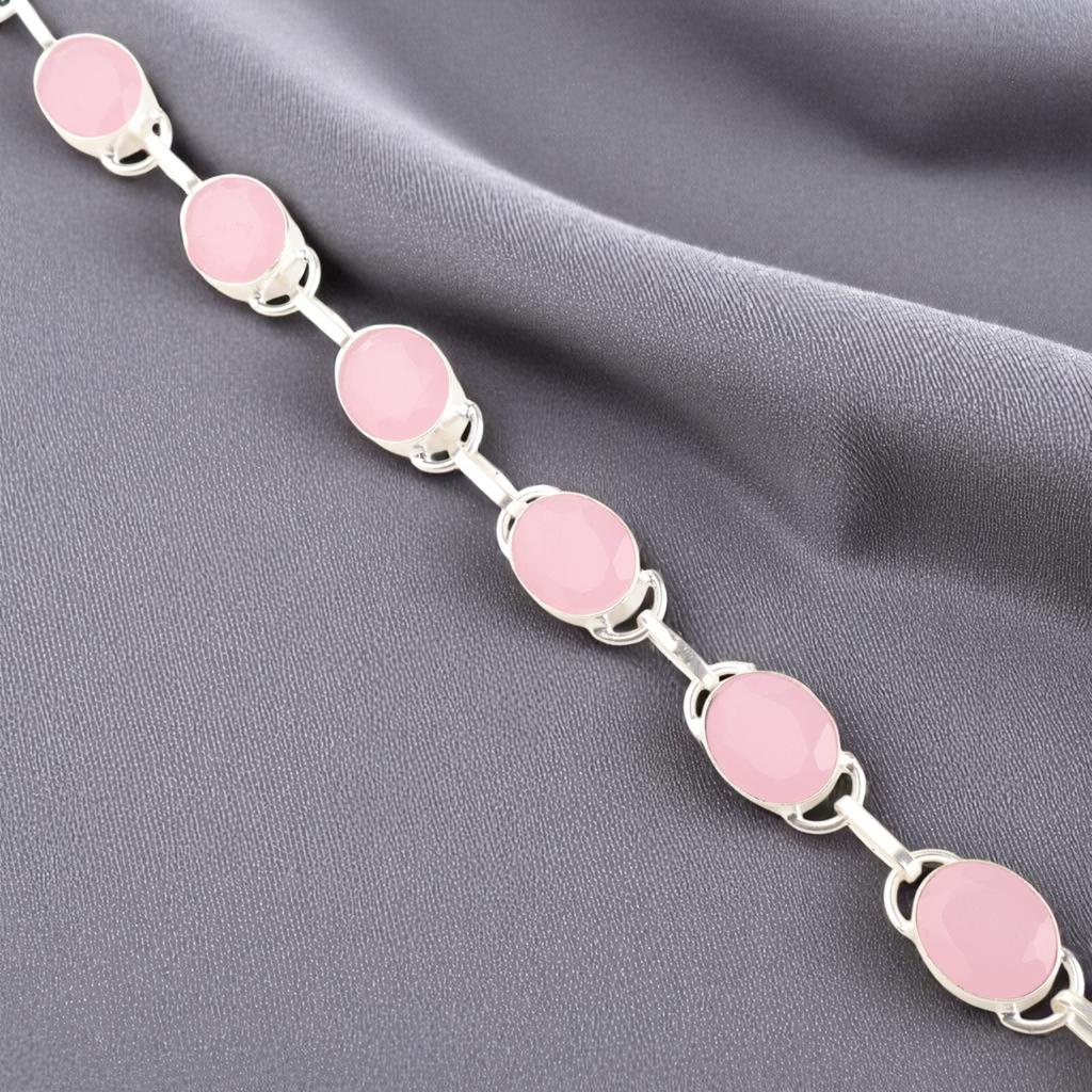 Rose Chalcedony Gemstone 925 Sterling Silver Handmade Gift Jewelry Bracelet 8" RB-10-19