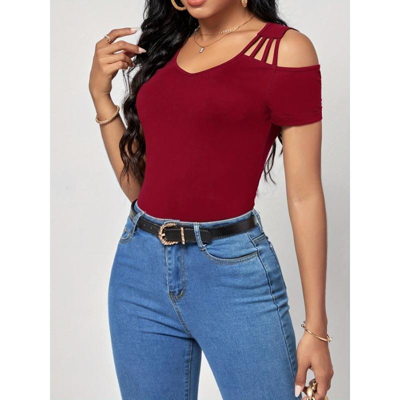 Summer New Fashionable Off-shoulder Solid Color Sexy V-neck T-shirt Slim Pullover Top