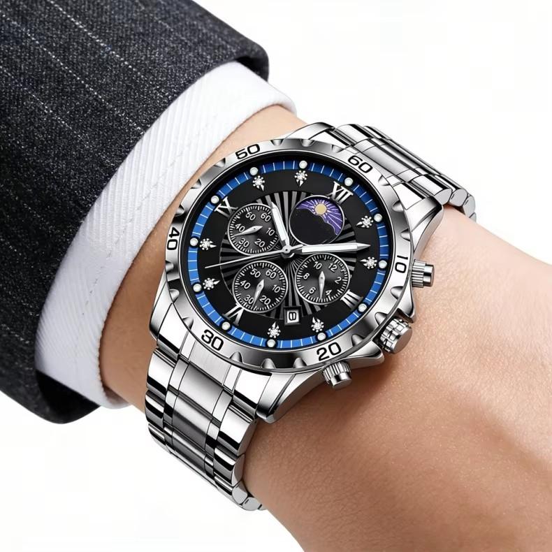 Men's Quartz Watch with Subdials Analog Wristwatch with Date-Display Waterproof Luminous Chronograph Dress Watches Stainless Steel Band