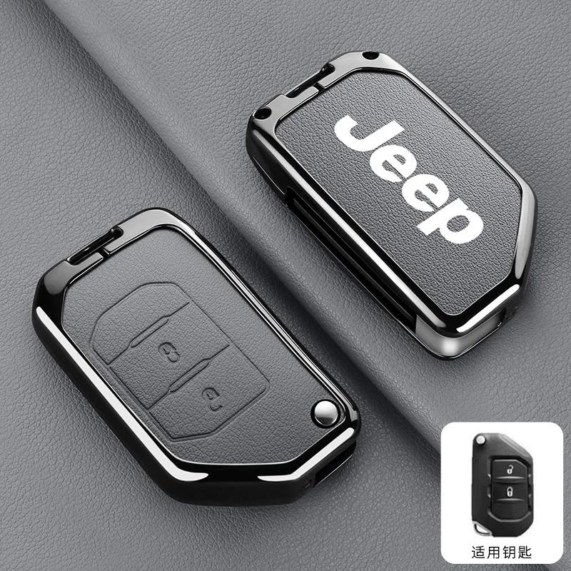 For Jeep Metal Leather Car Key Case Cover Shell Keychain for Jeep Wrangler Gladiator JL JLU Rubicon Sahara JLU JT 2018-2022 A