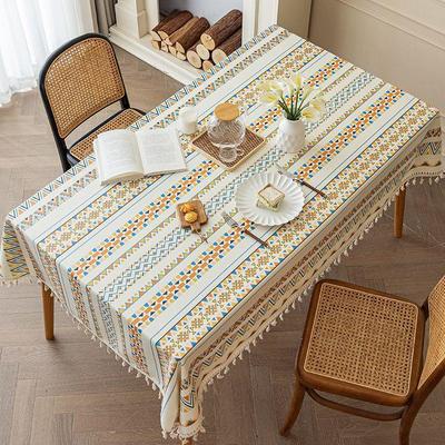 1PC Bohemian Nordic Style Tablecloth Cotton and Linen Leave-in Ethnic Style Rectangular Fringed Camping Tablecloth Waterproof and Oil-proof