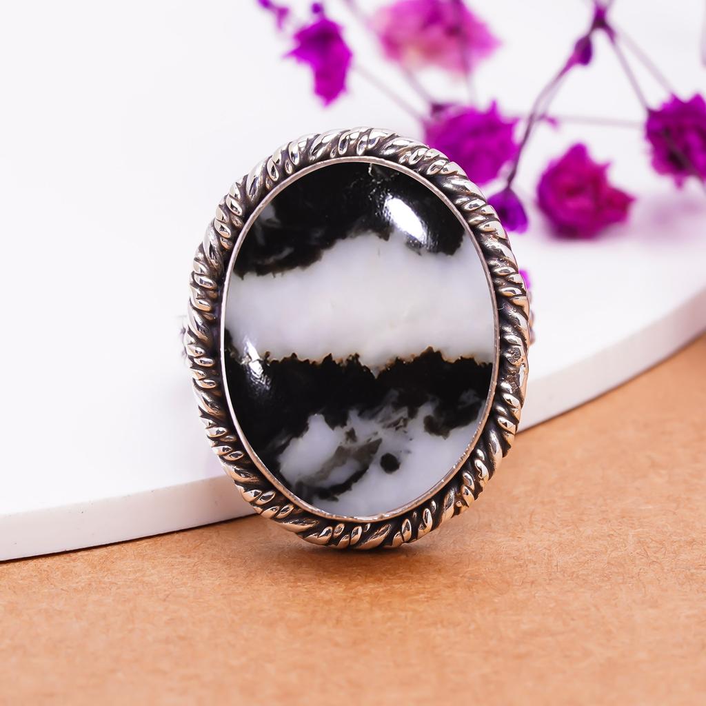 White Buffalo Turquoise - Nevada Gemstone 925 Sterling Silver Ring V7801, Black & White Ring, Oval Ring, Valentin's Day Gift, Gift For Her, Birthday G