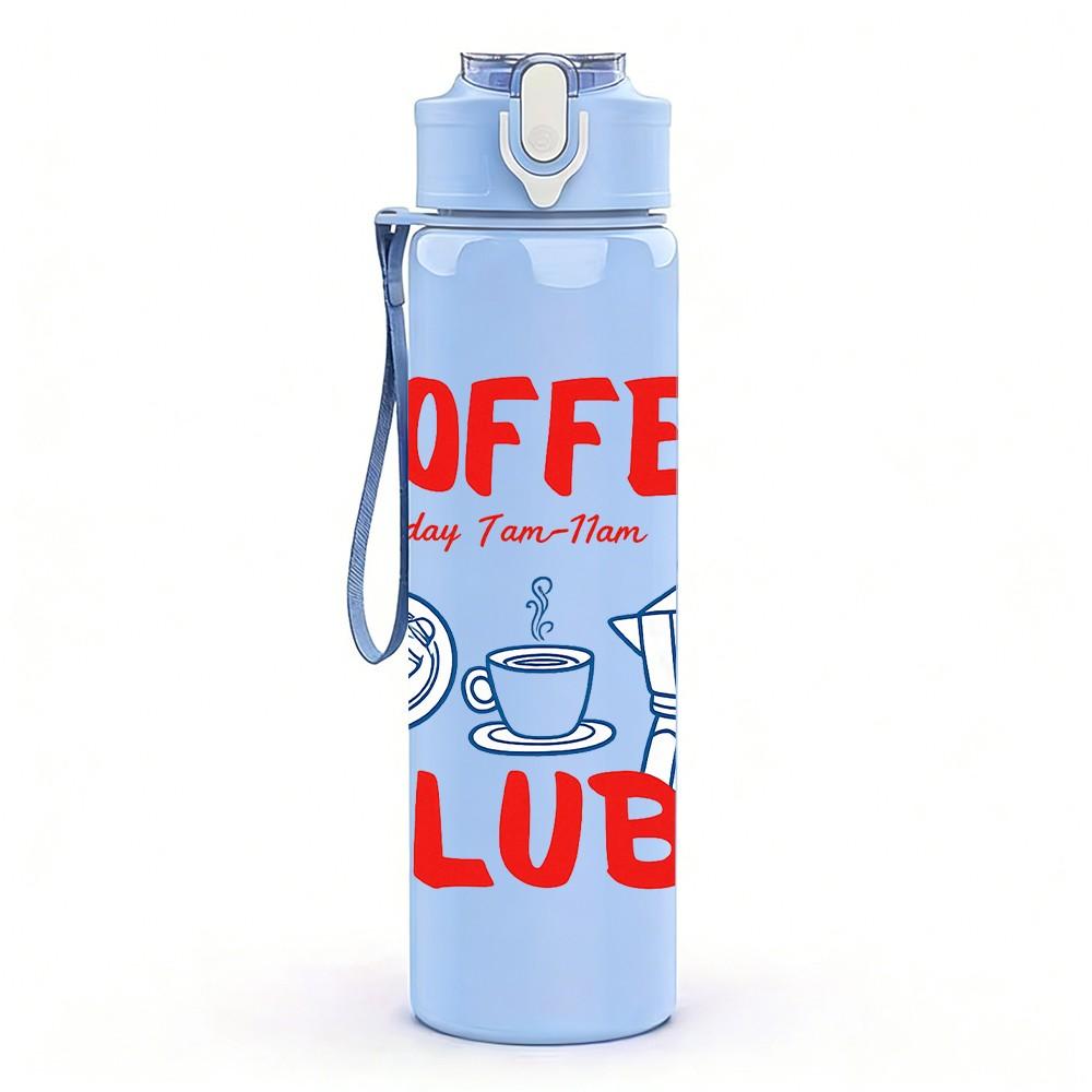 1PC Coffee Club Retro Cup Badge Print 750ml Color Plastic Sports Water Bottle Leakproof Flip Straw Lid Suitable for Sports Office Home Use